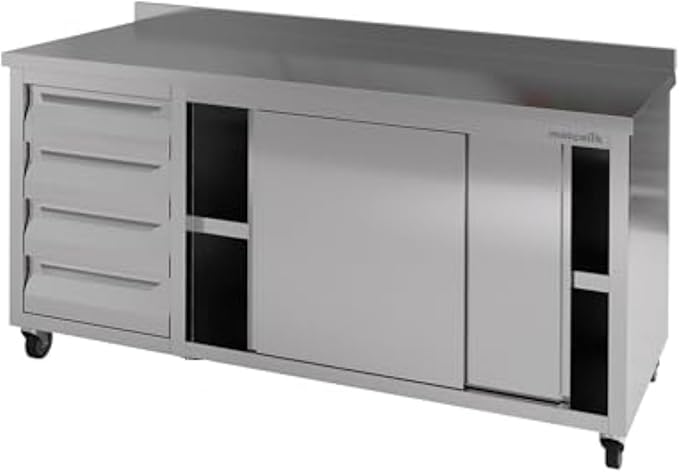 Stainless Steel Prep Table with Drawers, Sliding Doors and Wheels (63x23x33 inches)