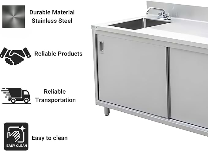 Stainless Steel Enclosed Base Work Table with Sink and Sliding Doors | Faucet and Free Standing Single Bowl Commercial Portable Kitchen Sinks Work Station with Elevating Legs (30x48x41 Inch)