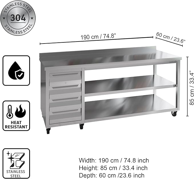 Stainless Steel Prep Table with Drawers and Wheels - Commercial Kitchen Work Table with Backsplash and Under Shelf - Heavy Duty Commercial Work Station for Restaurant, Hotel (75x23x33 inches)