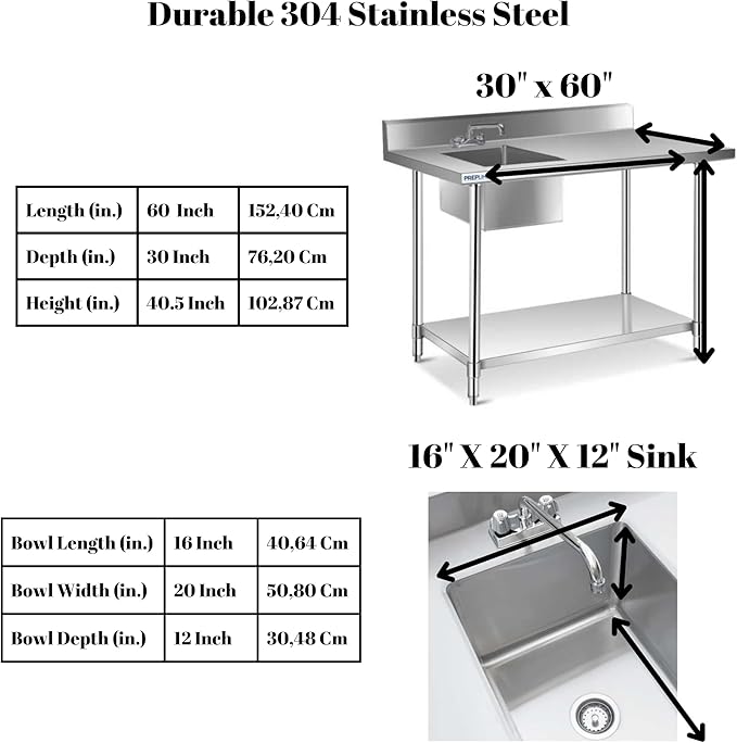 Stainless Steel Prep Sink With Countertop - Wash Table for Restaurant Outdoor (30x60x36 Inch)
