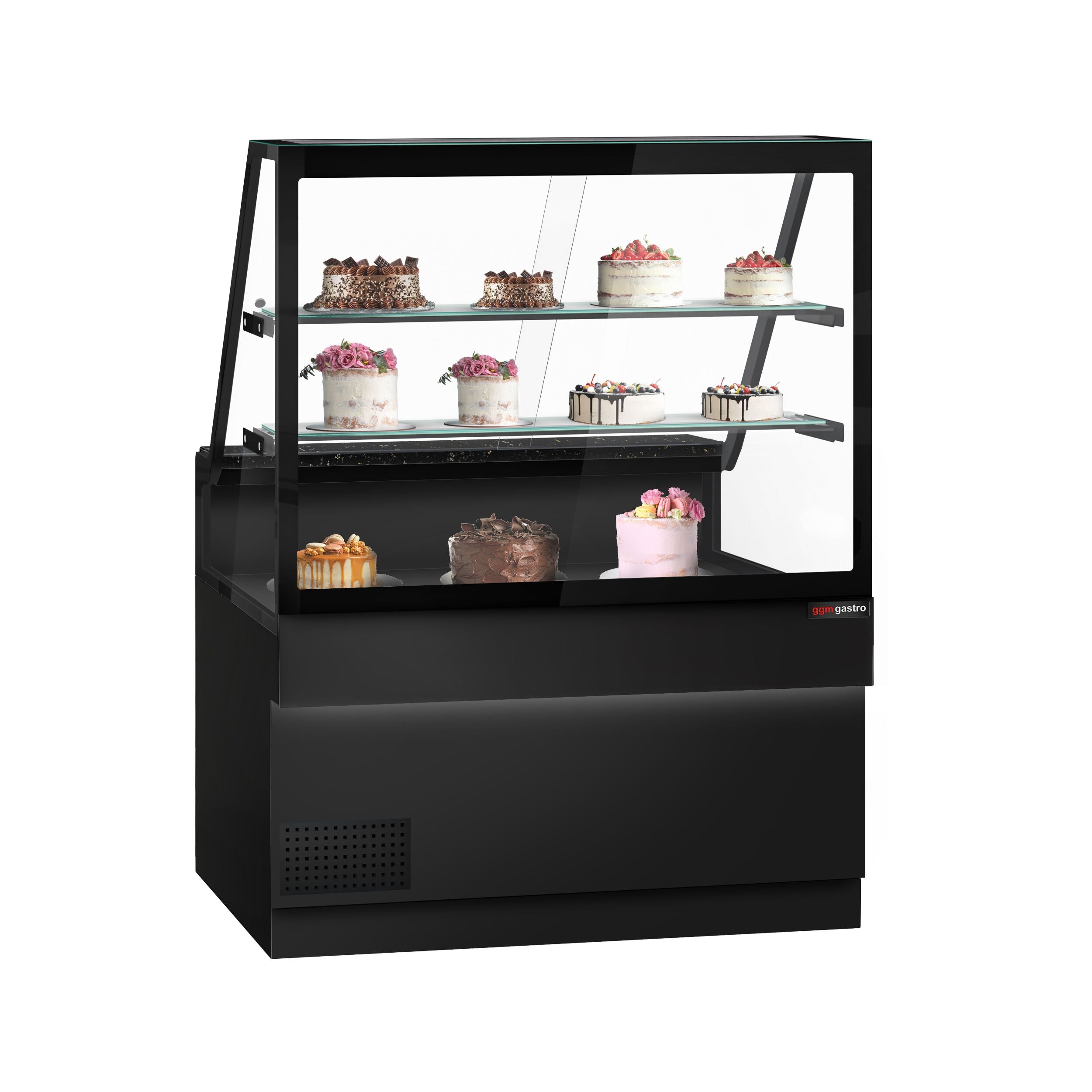 Cooled Showcase Toronto- 1300mm - 2 Shelves - Black Front Panel - Black Granite Working Call