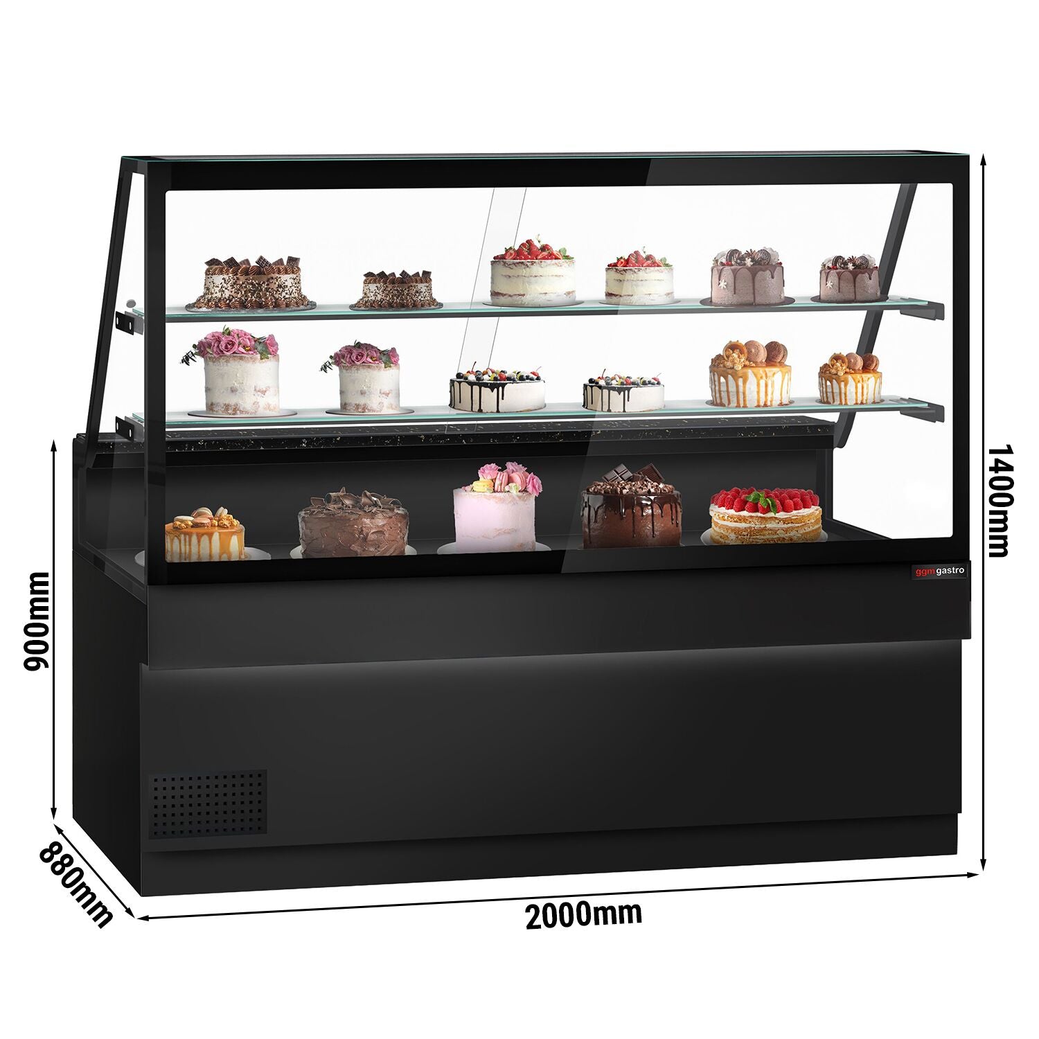 Cooled Showcase Toronto- 2000mm - 2 Shelves - Black Front Panel - Black Granite Working Call