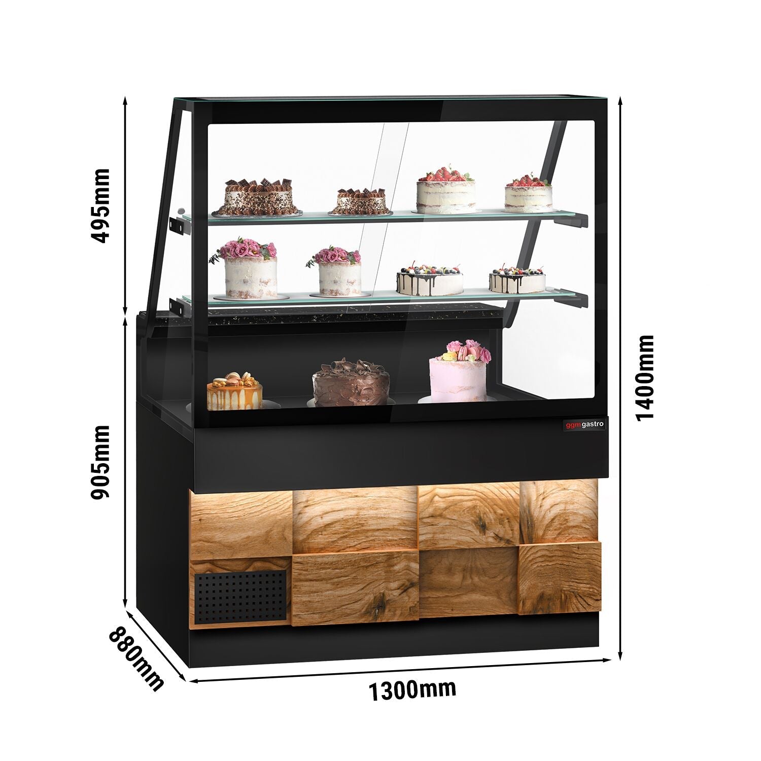 Cooling Showcase Toronto- 1300mm - Wooden Front Panel - 2 Shelves - Black Granite Working Call