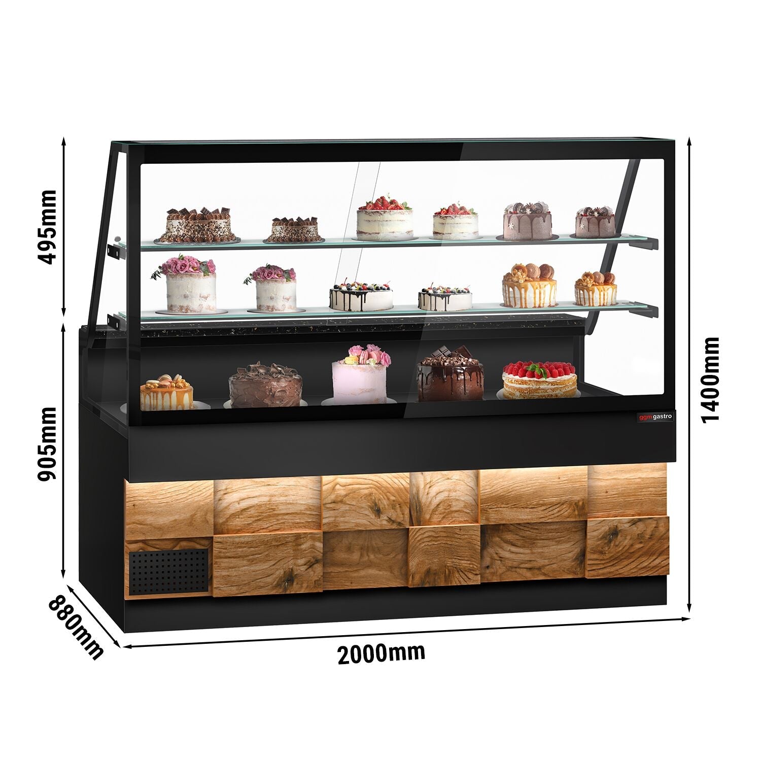 Cooled Showcase Toronto- 2000mm - Wooden Front Panel - 2 Shelves - Black Granite Working Call