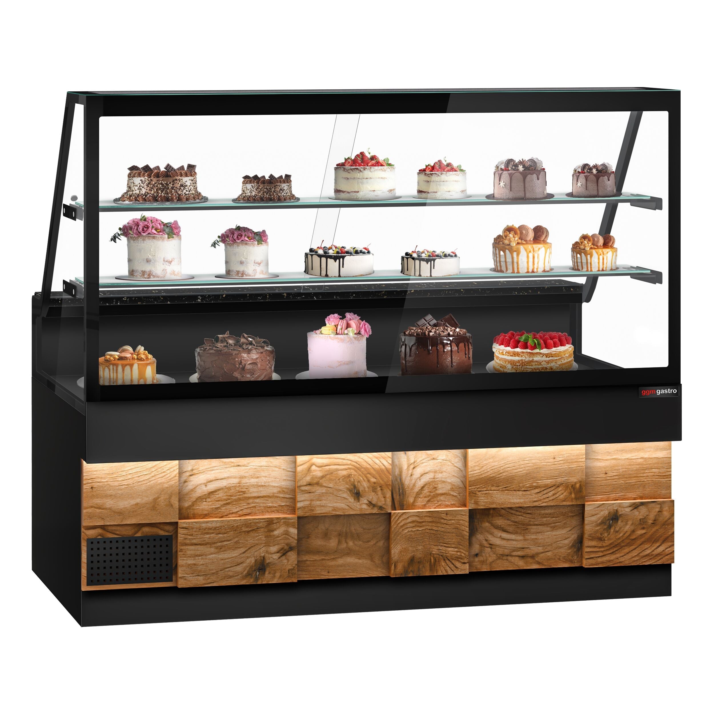 Cooled Showcase Toronto- 2000mm - Wooden Front Panel - 2 Shelves - Black Granite Working Call